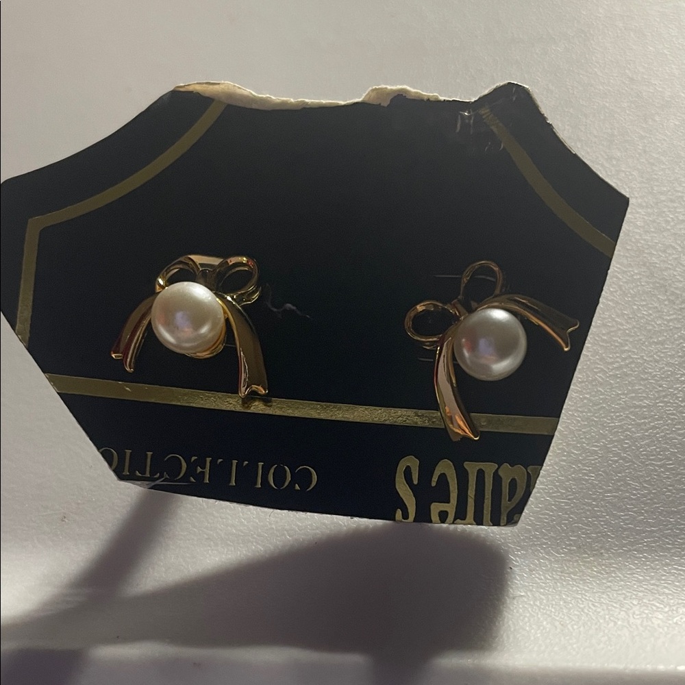 Gold Bow Pearl Stud Earrings - Classic Women Jewelry